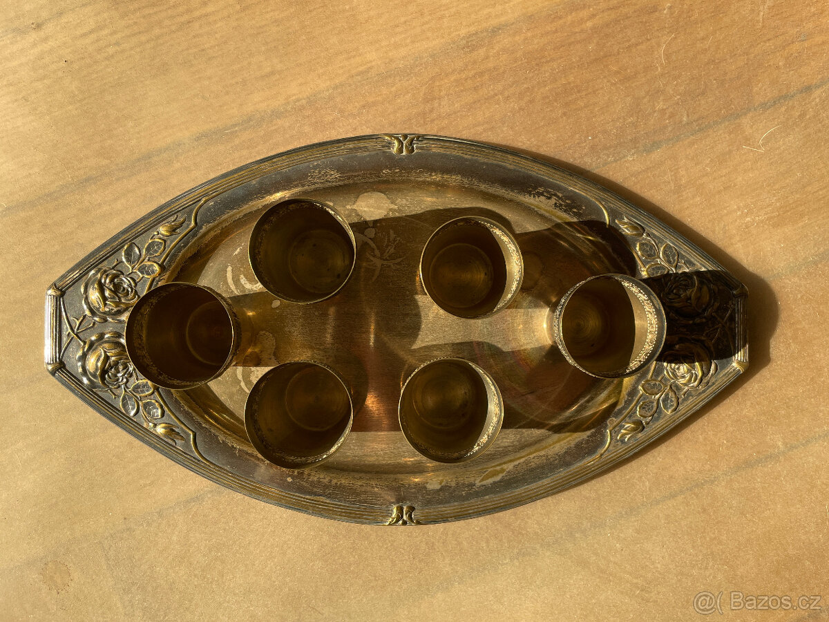 Starožitný secesní mosazný podnos s 6 panáky - 7