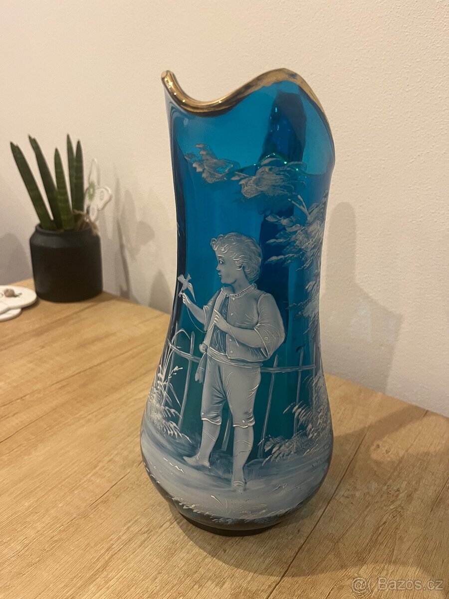 Starožitný modrý džbán s ruční malbou - 7