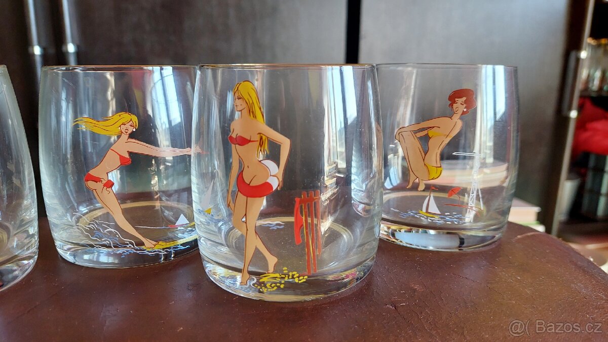 Retro malované sklenice 6 ks, slečny - 7