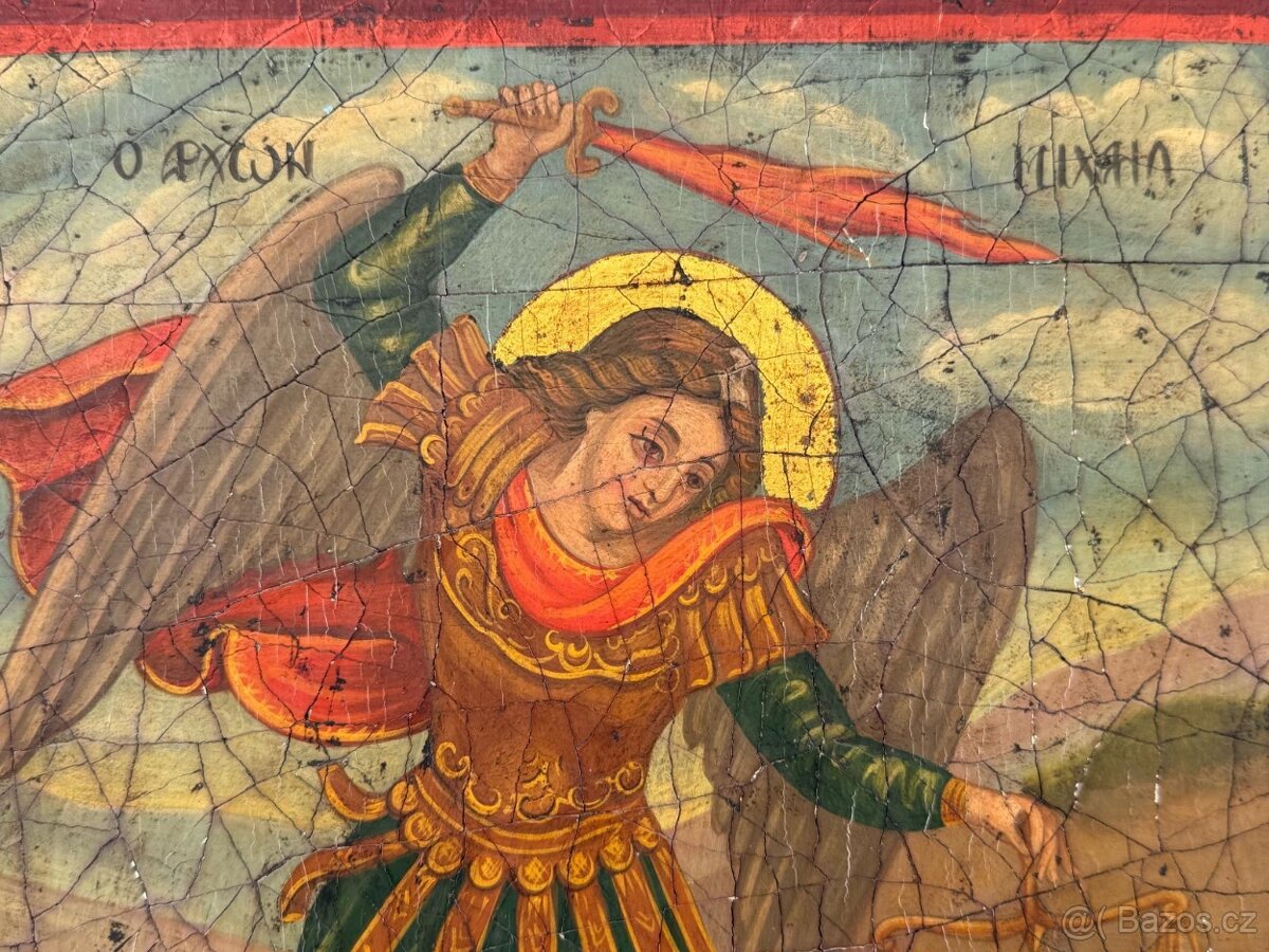 Starožitný XXL malovaný obraz na dřevě Archanděl Michael - 7