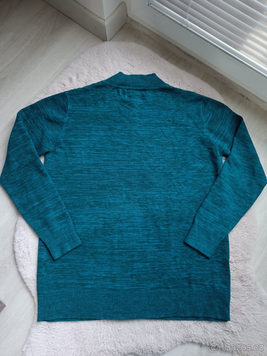 Dámský žíhaný tyrkysový svetr s plastickým vzorem L - 7