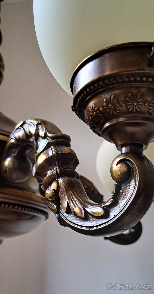 Starožitný velký mosazný lustr, r.v.1920, osvětlení - 7