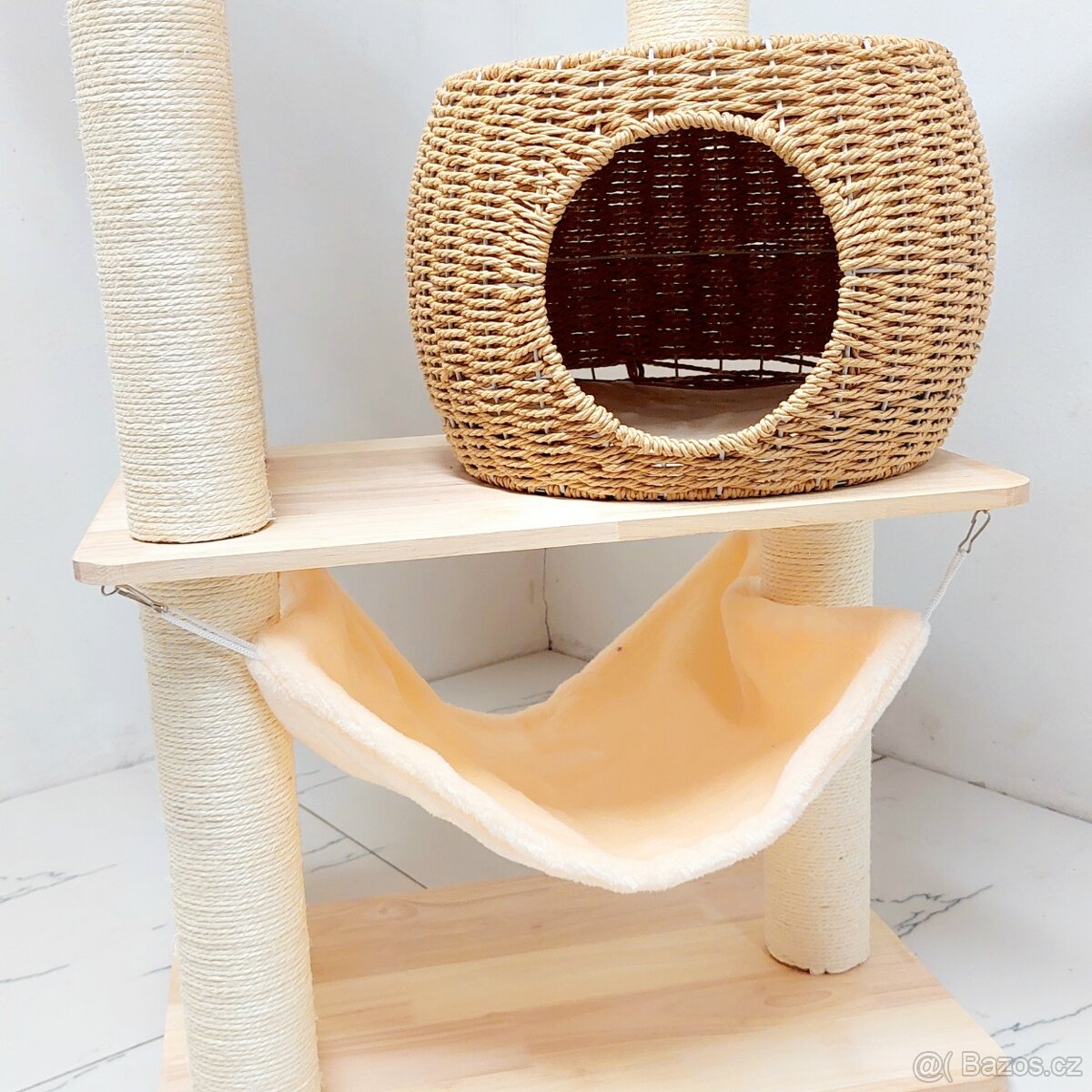 142 cm přírodní škrabadlo pro kočky s pelíškem - nové - 7