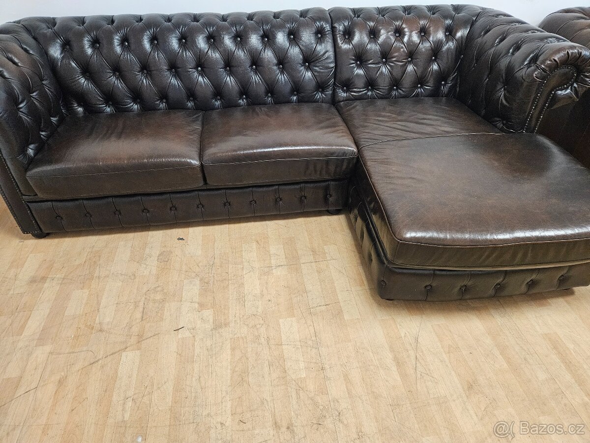 CHESTERFIELD ŠTÝL,ROHOVÁ KOŽENÁ V TOP STAVE, - 7