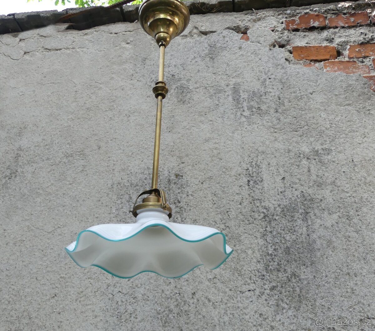 Starožitný lustr, stropnice , zelená linka, mosaz sklo - 7