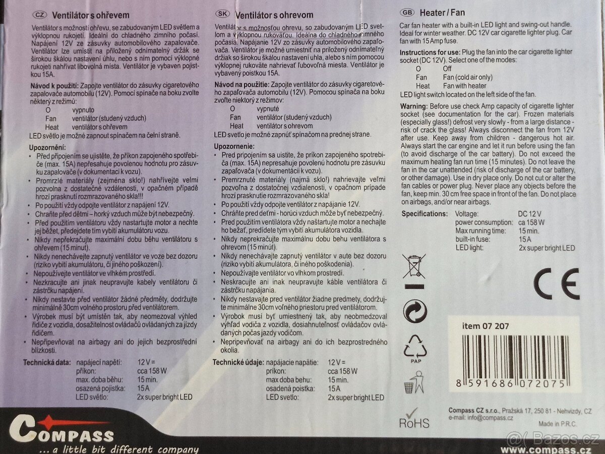 ventilátor 12V s OHŘEVEM + LED svítilna - 7