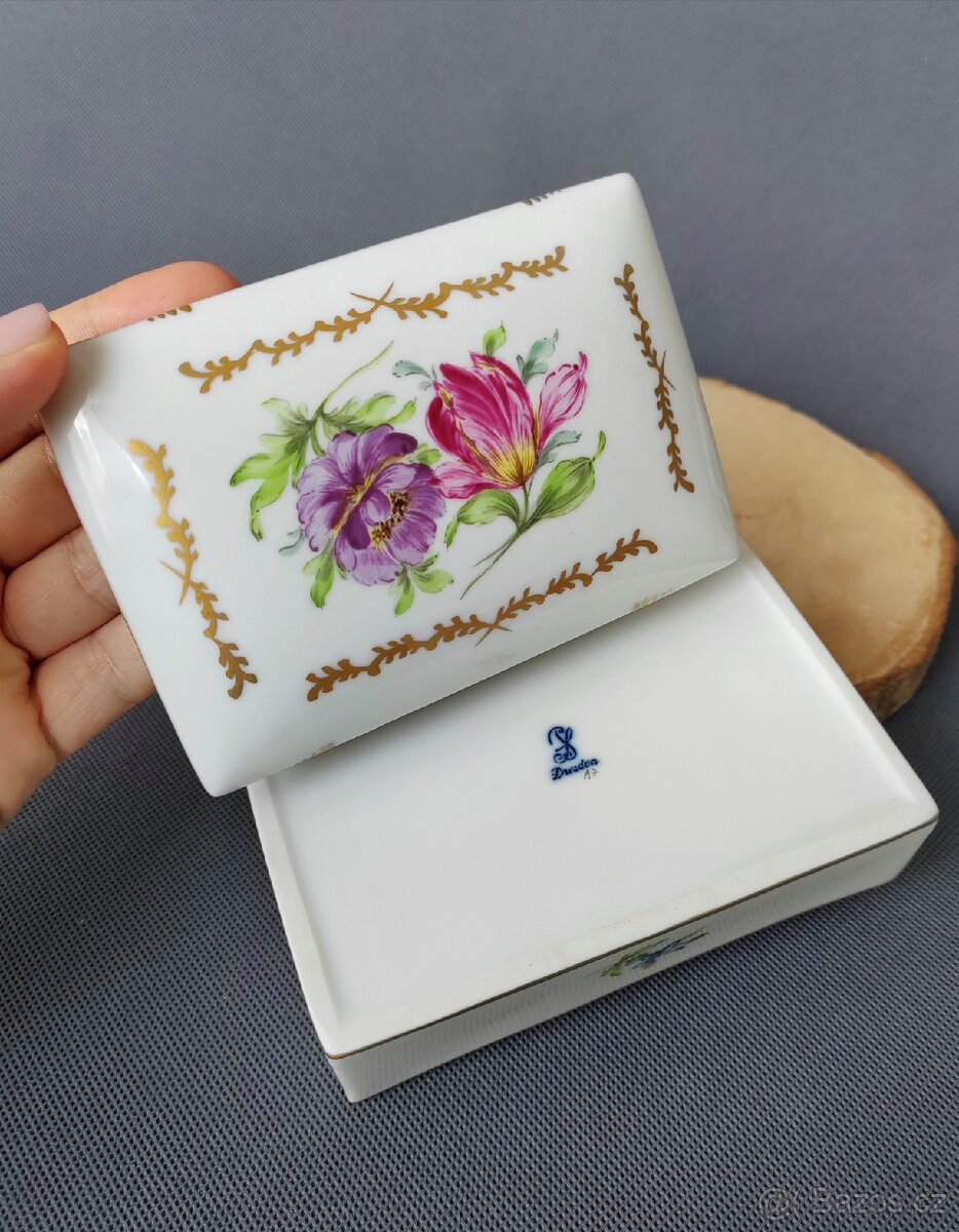 Unikátní ručně malovaná porcelánová dóza Dresden (1902-1916) - 7