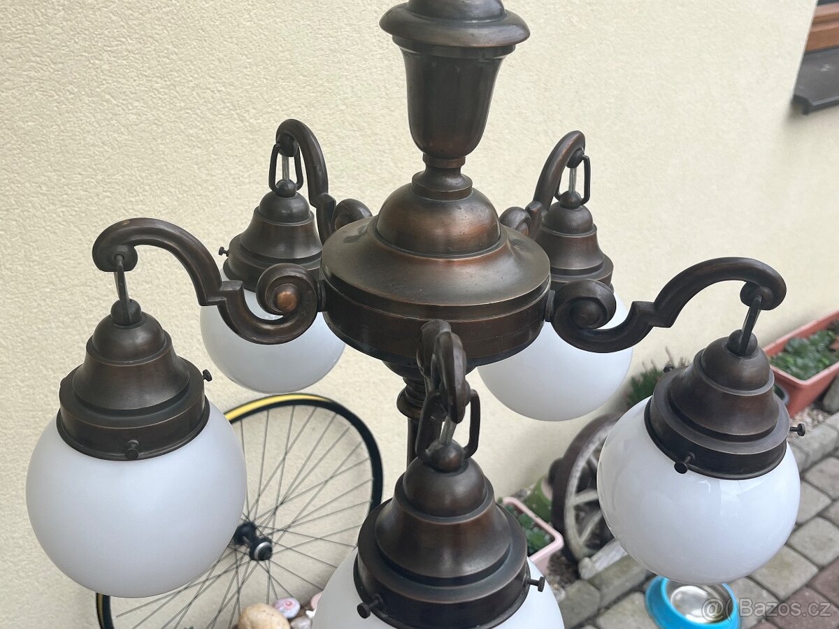 Starožitný mosazný pětiramenný lustr - 7