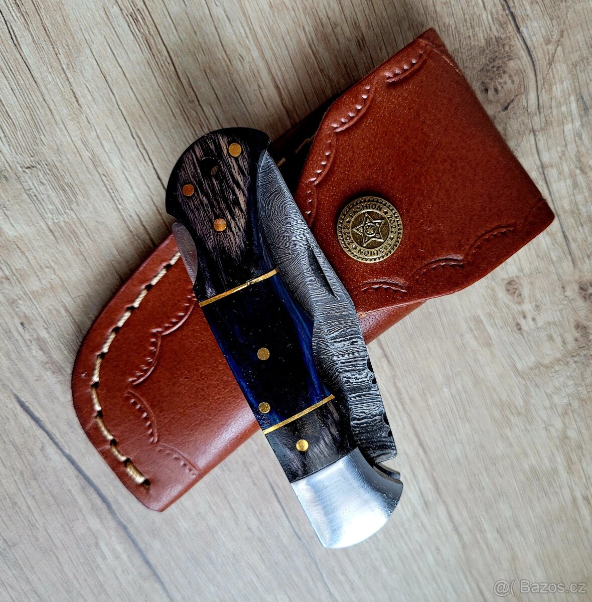 nový kapesní Damaškový nůž A+ ručně vyroben + kožený pouzdro - 7