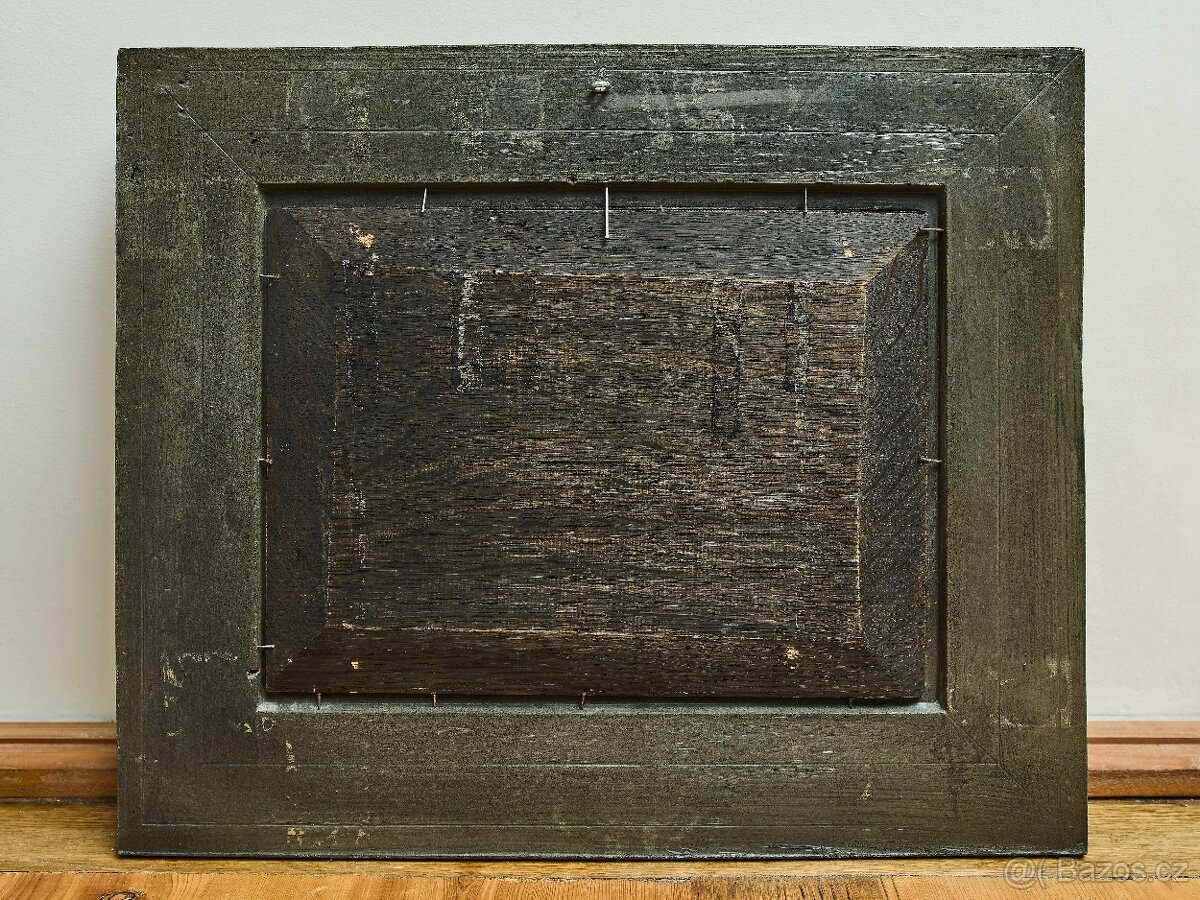 Zimní krajina s postavami na zamrzlé řece, olej na dřevěné d - 7