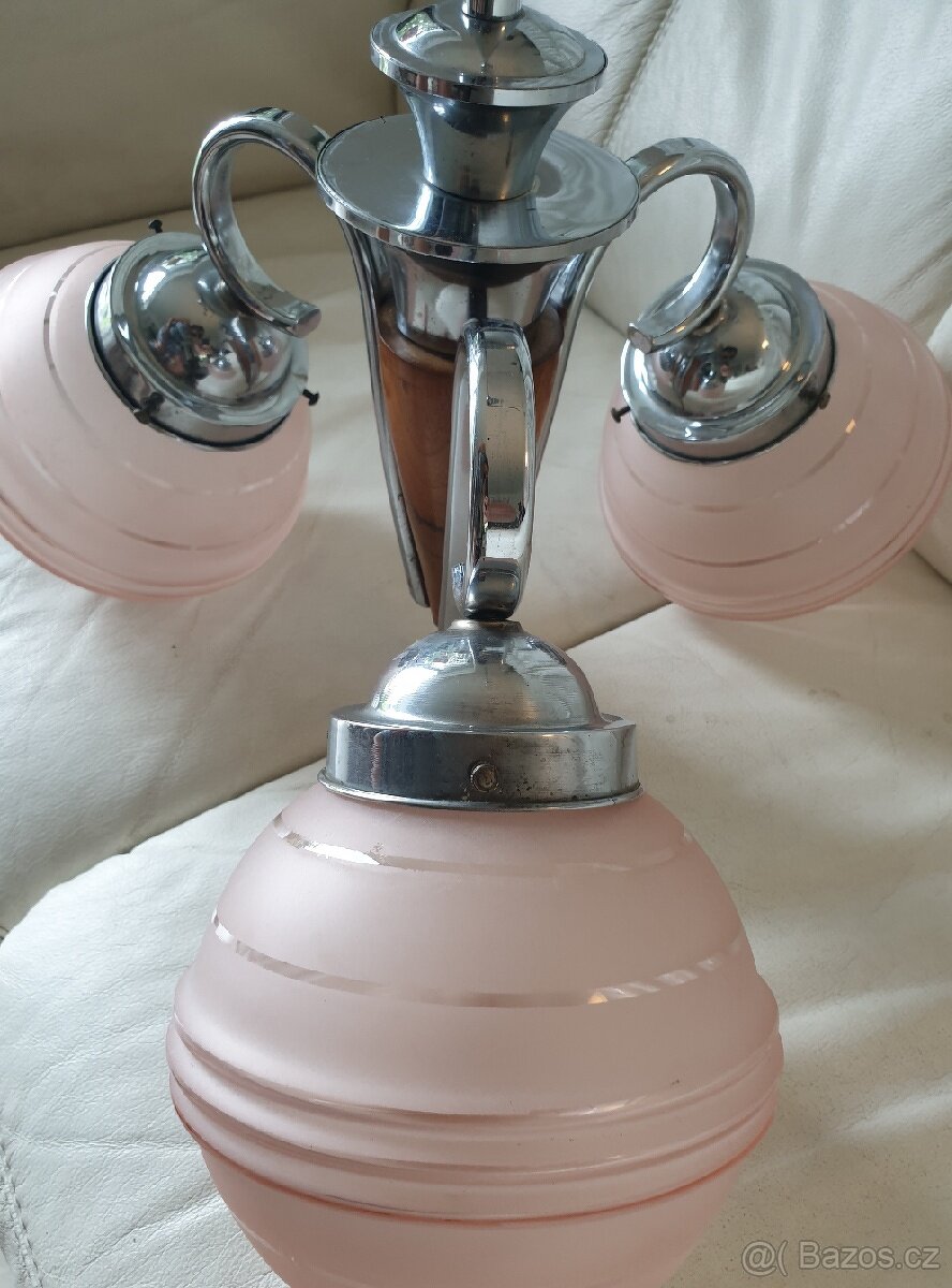 Starožitný lustr art deco na tyči dřevěná část růž - 7