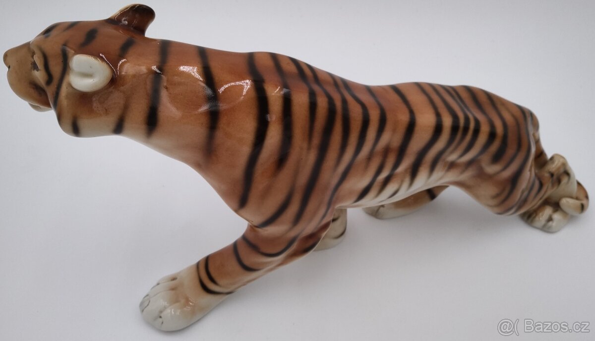 Krásný starý porcelánový tygr, Royal Dux, cca 39 cm - 7