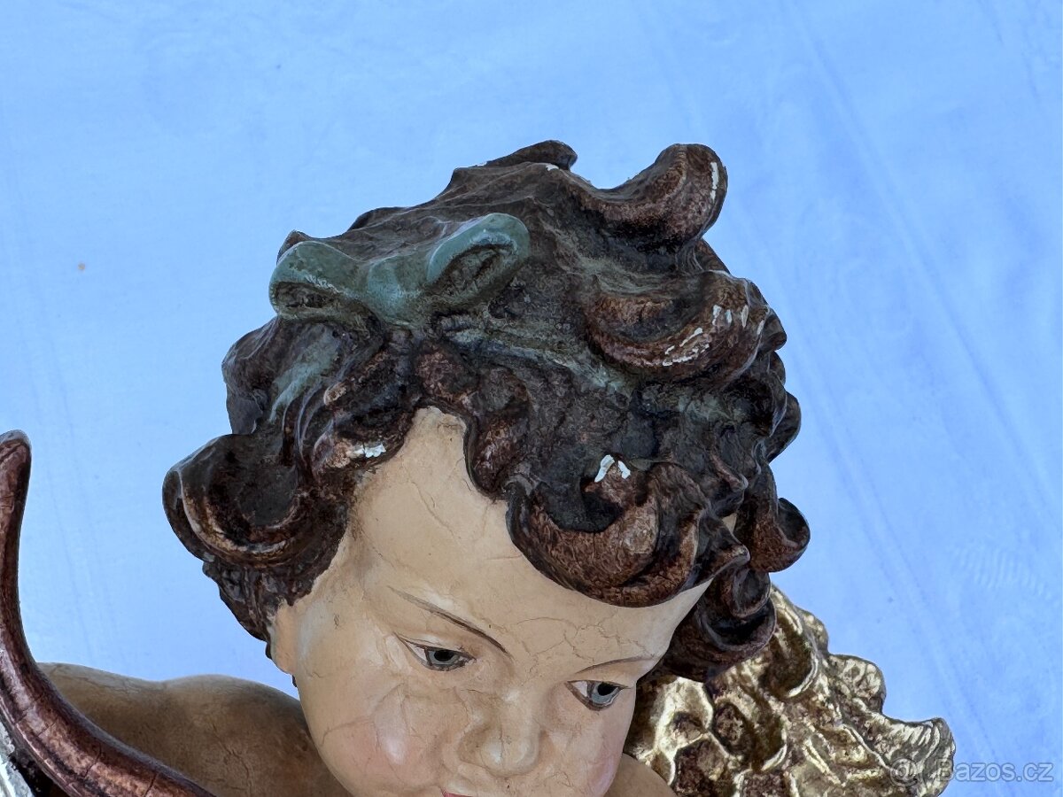 Krásný baculatý dřevěný anděl socha polychromie - 7