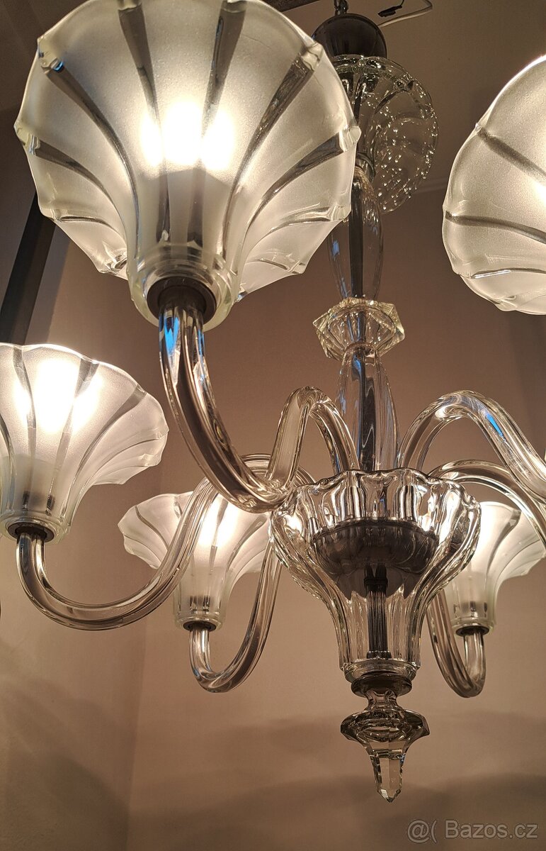 Art Deko, starožitný celoskleněný lustr, osvětlení - 7