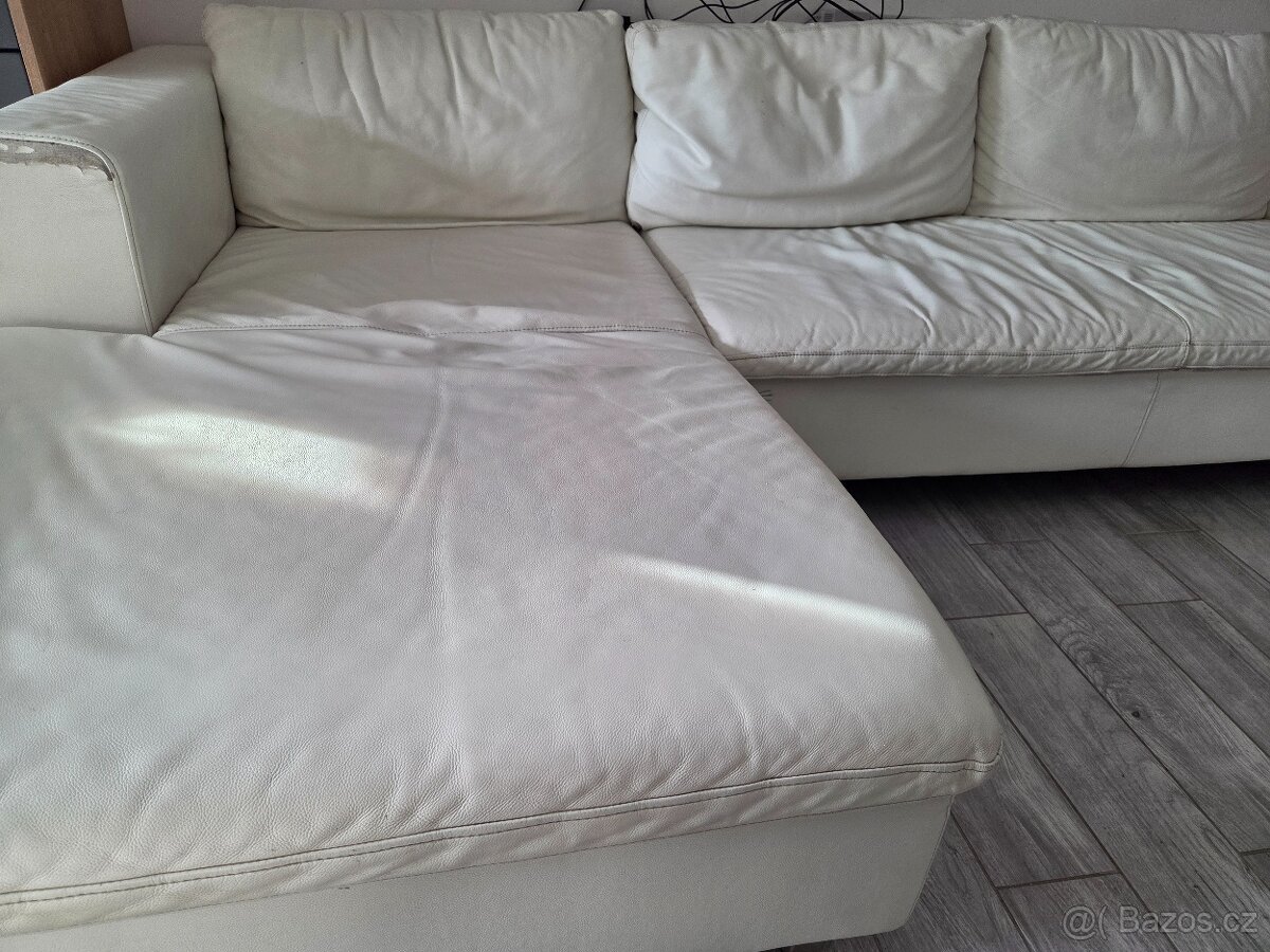 Gauč do U, sedací souprava do U, bily, kožený, - 7
