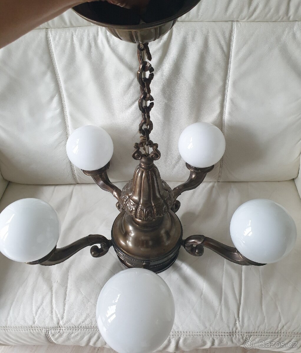 Velký starožitný lustr art deco mosaz pětiramenný - 7