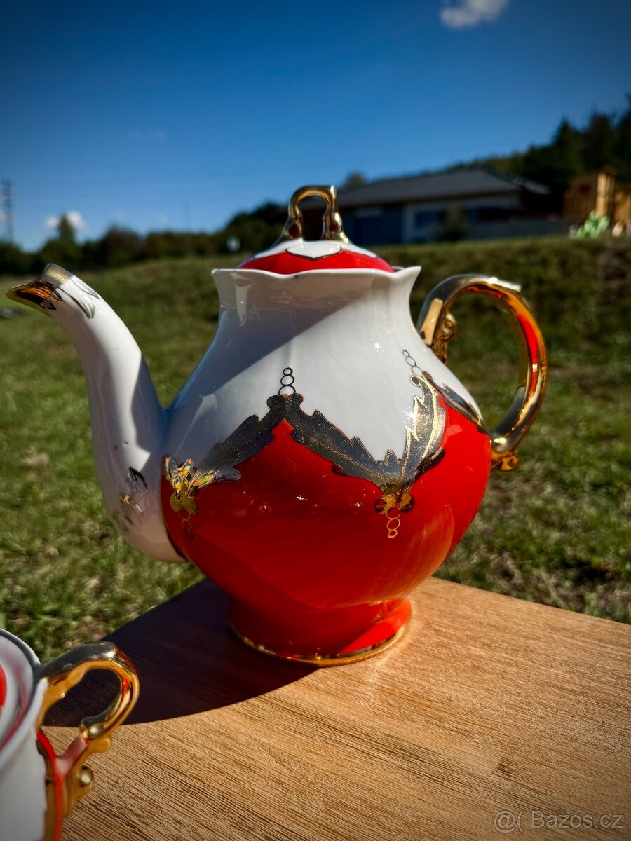 Vintage čajová souprava – Baranivka (SSSR), červeno-bílá se - 7