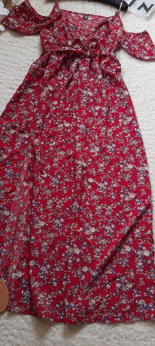 Shein vínové květinové dlouhé šaty s páskem - NOVÉ - 7