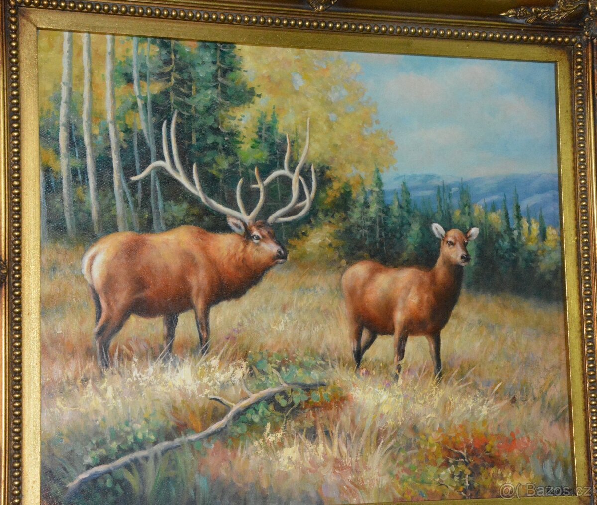 Zámecký obraz - Jelen s laní - olej na plátně - 7