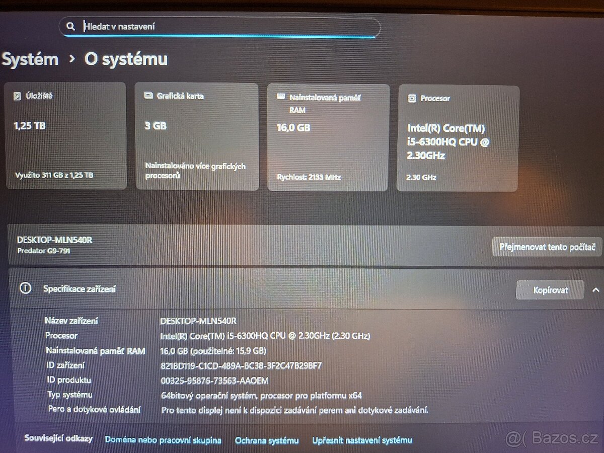 Starší herní notebook Acer Predator - 7