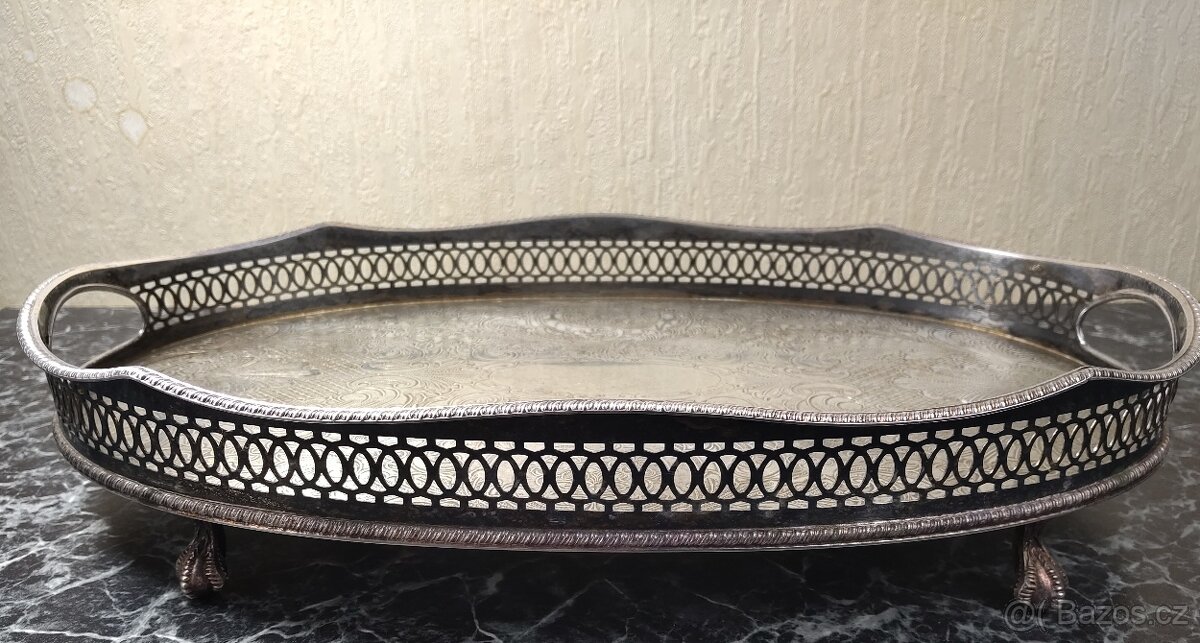 ALPAKA Starožitný okrasný oválný tác. 883g, 36cm x 24cm - 7