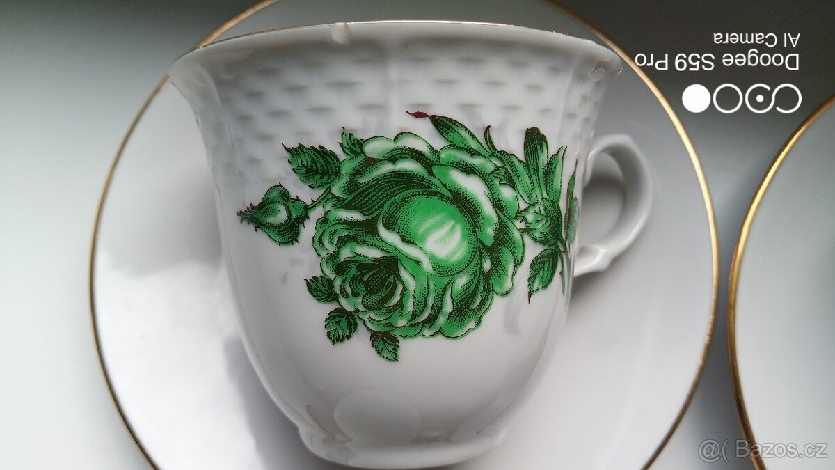 Čajový servis Thun Natalie č. 52 – zelená růže (6 šálků, 6 p - 7