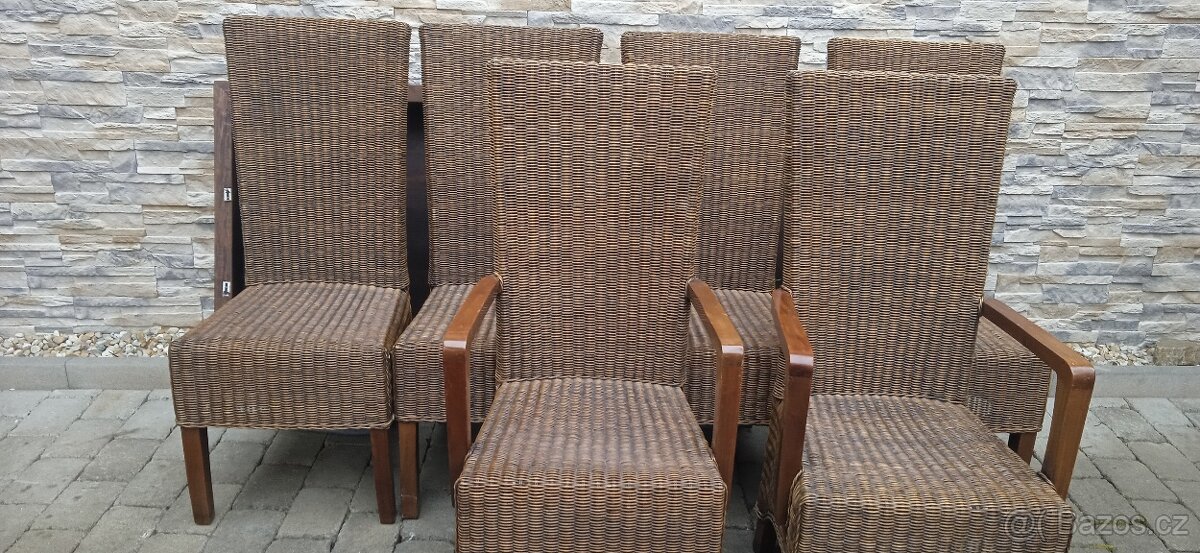 Jídelní masivní dřevěný stůl palisandr+6 ratanových židlí - 7