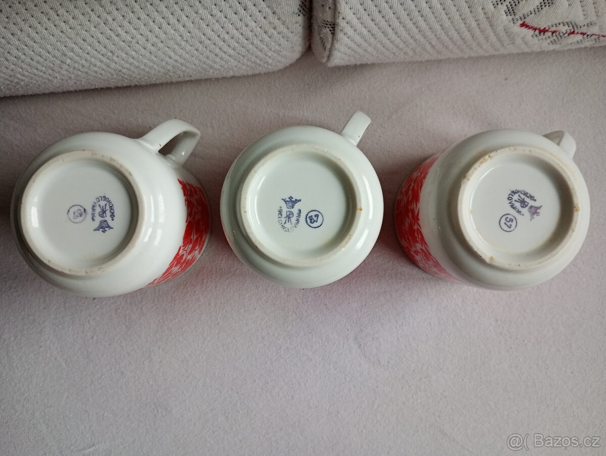 3x retro hrnek vzor "jetel", červený - 7