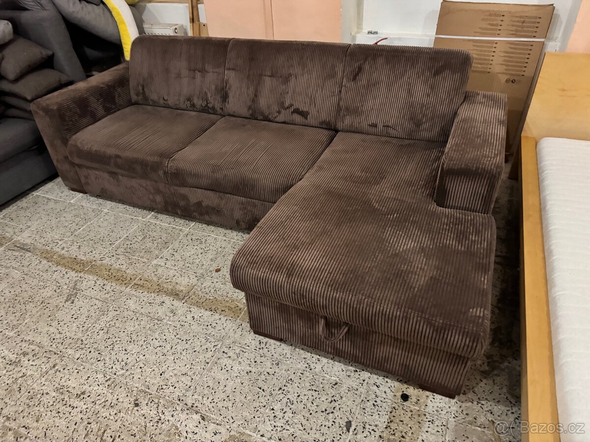 Hezká hnědá Rozkládací rohová sedací souprava manšestr - 7