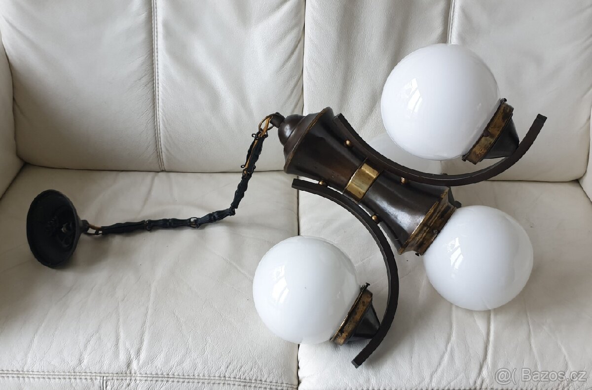 Starožitný lustr art deco na řetězu mosaz velký - 7