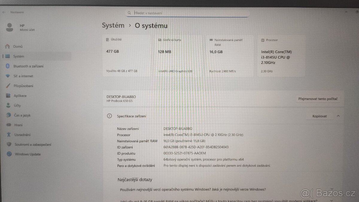 HP Probook 650 G5 15,6" i3-8145u, 16GB, 512GB SSD, W11 prof - 7