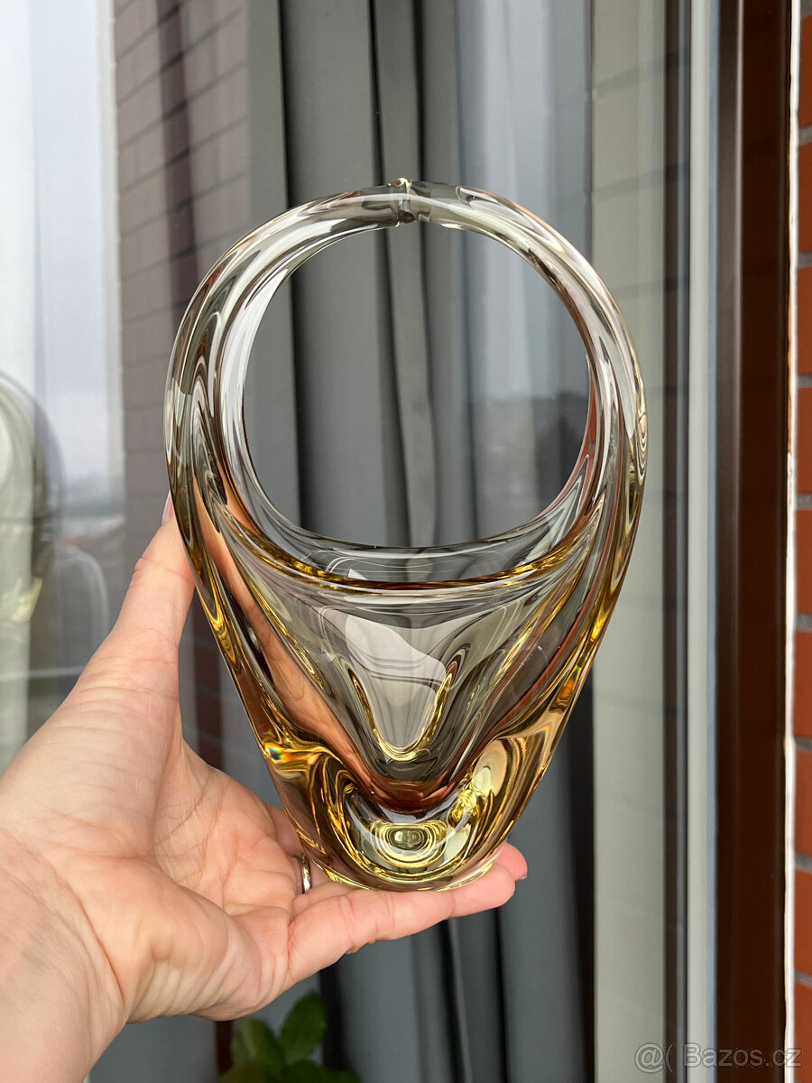 Košík 20 cm, citrínové, ambrové hutní sklo, M. Klinger - 7