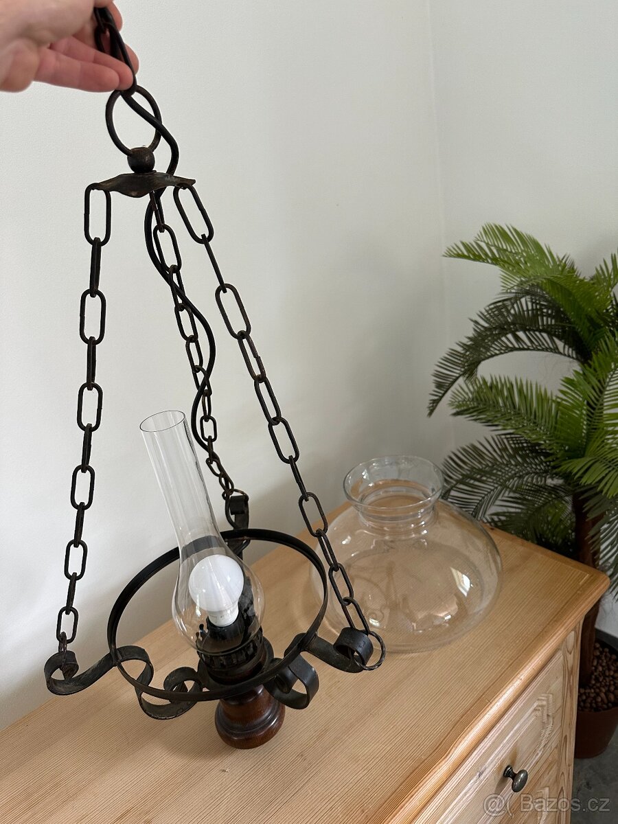 Rustikální elektrický závěsný lustr. Petrolejovka. - 7