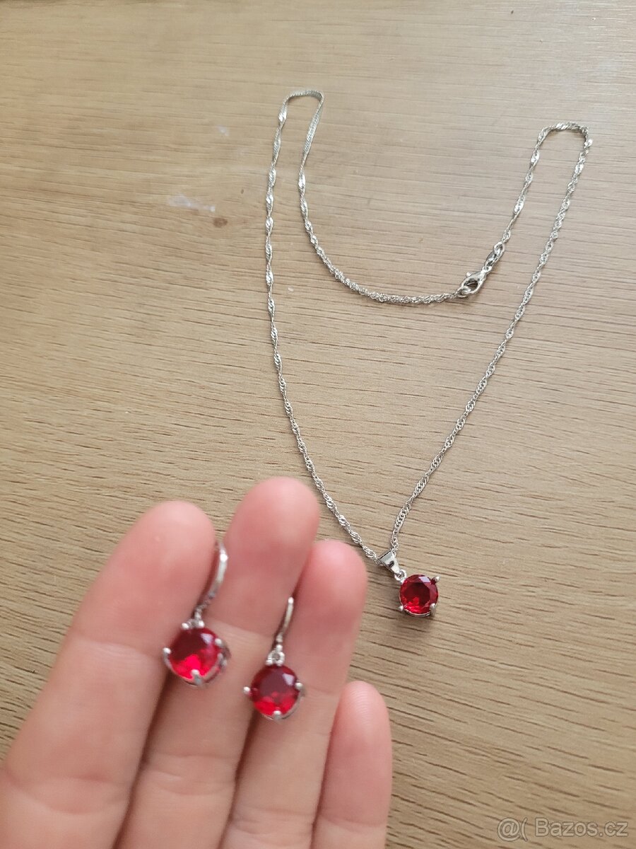 Nová dámská stříbrná červená sada šperků - 7