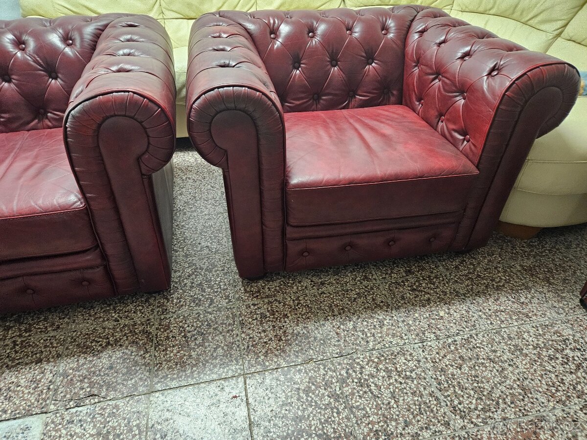 CHESTERFIELD ŠTÝL,BORDOVOČERVENÁ KOŽENÁ SEDAČKA 3+1+1 - 7
