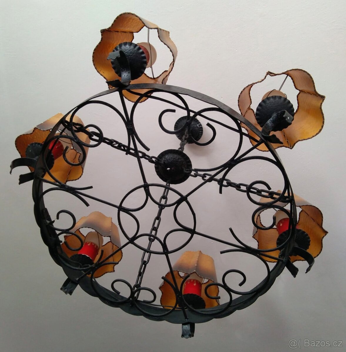 Starožitný originál kovový lustr + 2 lampičky, ruční práce - 7