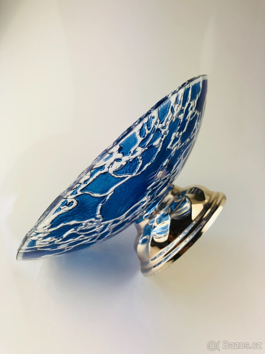 Modrá skleněná umělecká mísa na kovovém podstavci (NP012) - 7