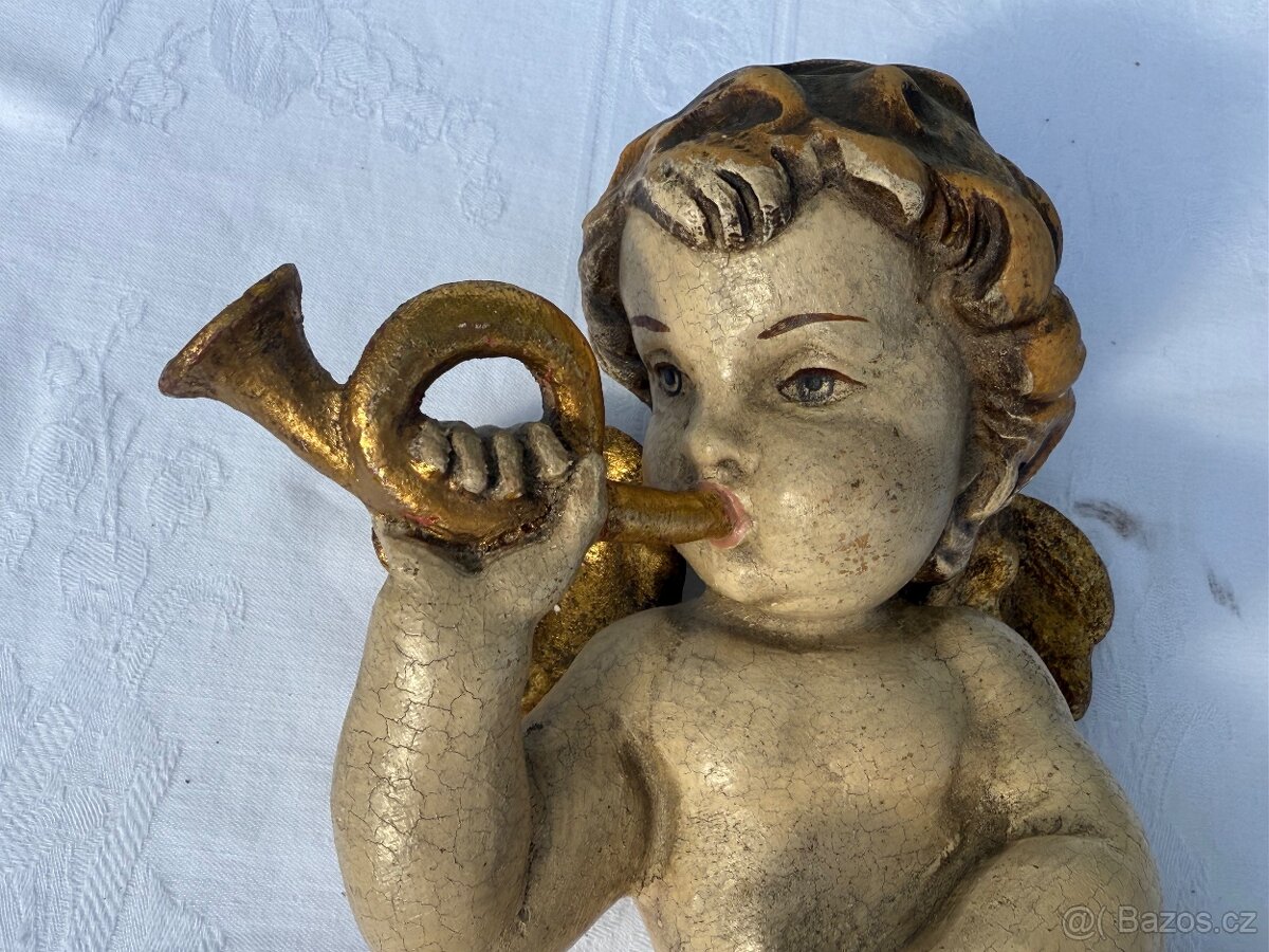 Dřevěná XXL socha anděla v páru polychromie 31cm - 7