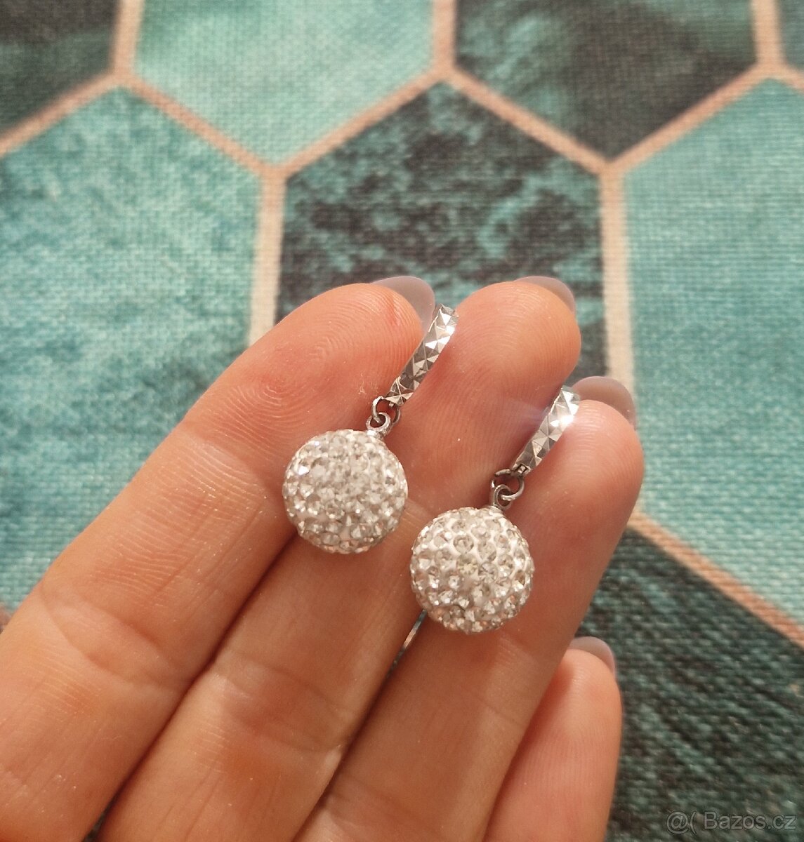 Nové dámské stříbrné náušnice kuličky třpytivé s kamínky - 7