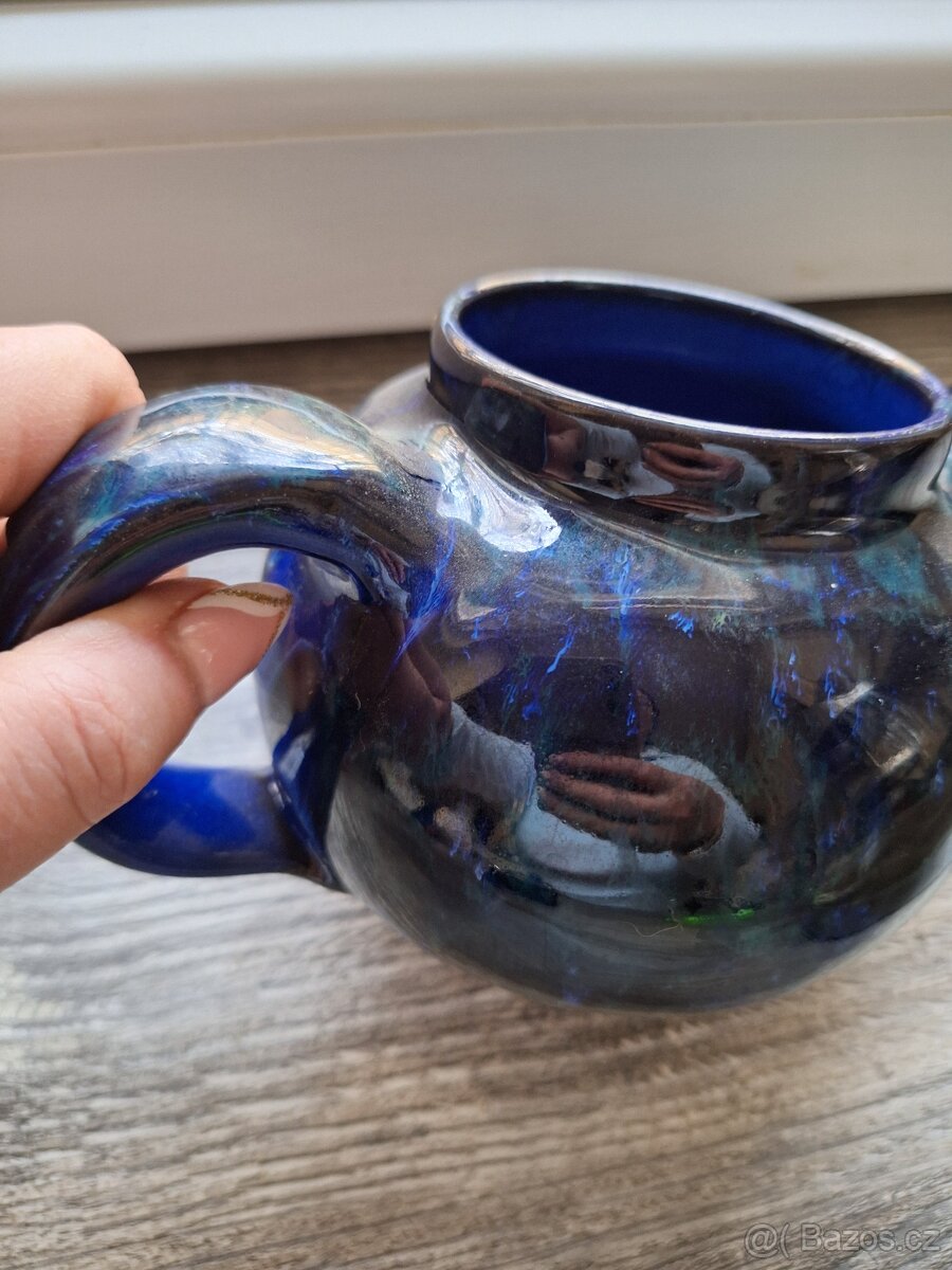 Čajová konvička s cedníkem, ohřívačem a hrnečkem, keramika - 7