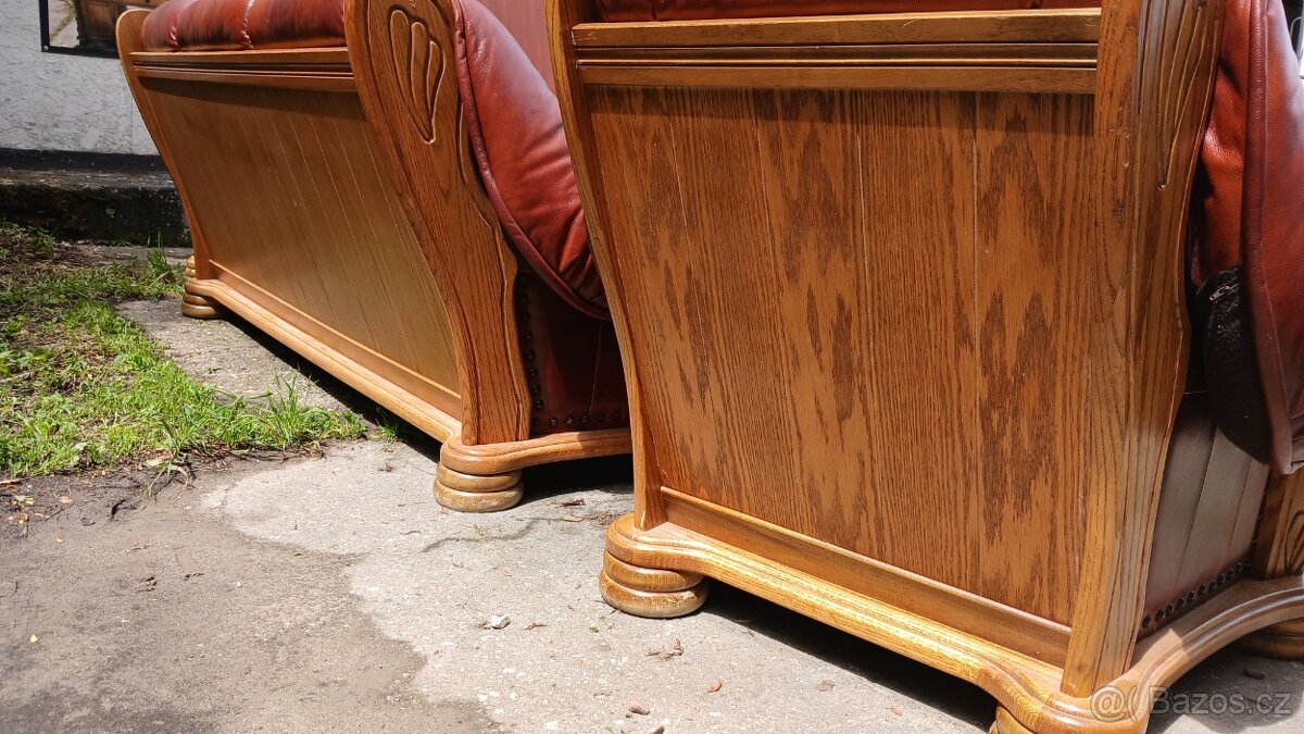 Kožená sedací souprava 3+1+1 s masivním dřevem - 7