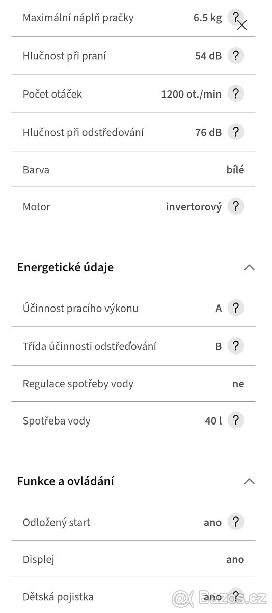 Whirlpool 6,5kg 1200ot. 40l spotřeba 6 smysl - 7