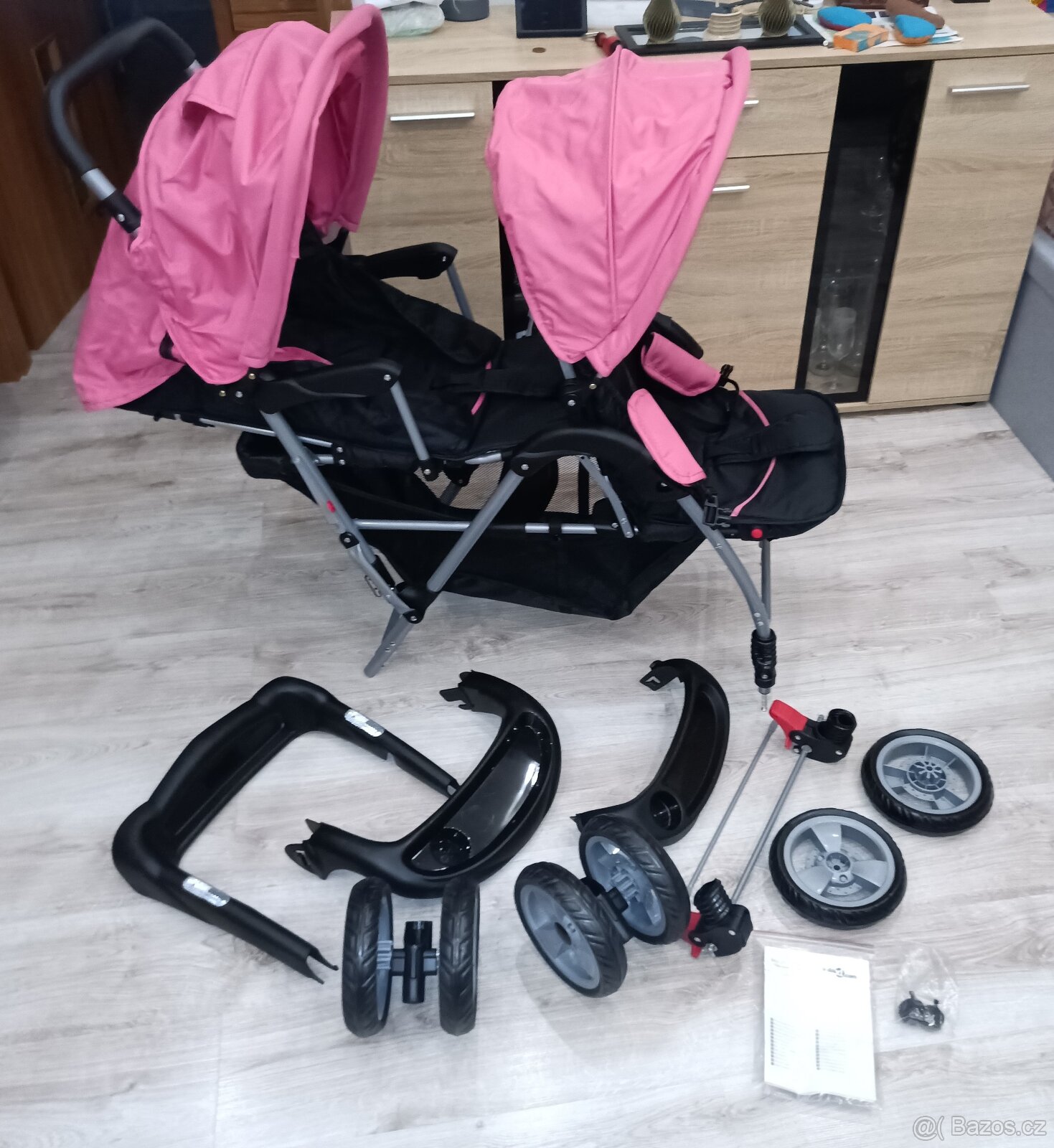 Tandemový kočárek růžovo-černý ocel VidaXL - 7