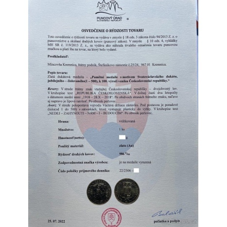 ZLATÝ ČÍSLOVANÝ JUBILEJNÍ SVATOVÁCLAVSKÝ DUKÁT 2018 - 500 ks - 7
