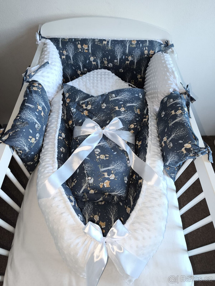 Nová souprava do postýlky lesní zbířátka na modré+minky - 7