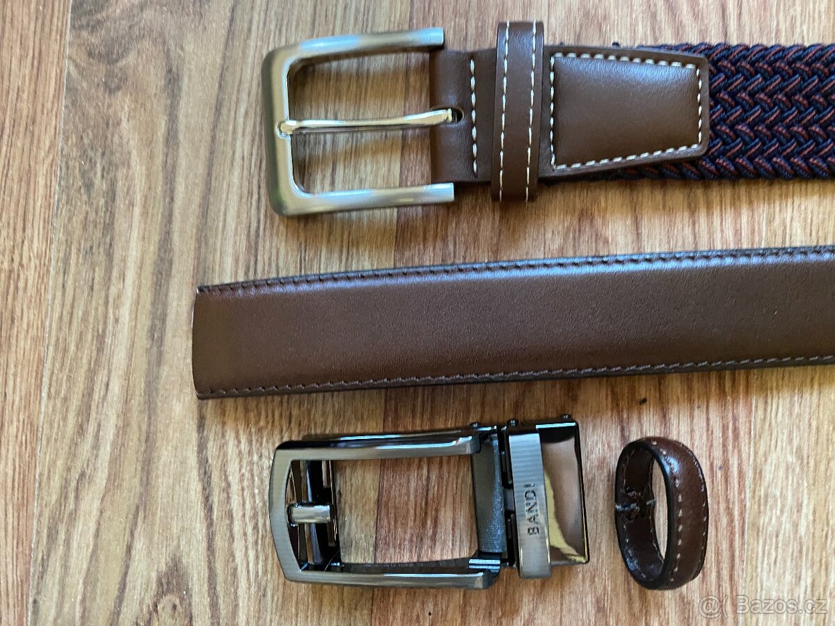 Nový dárkový set opasků BANDI - hnědý kožený, vínový pružný - 7