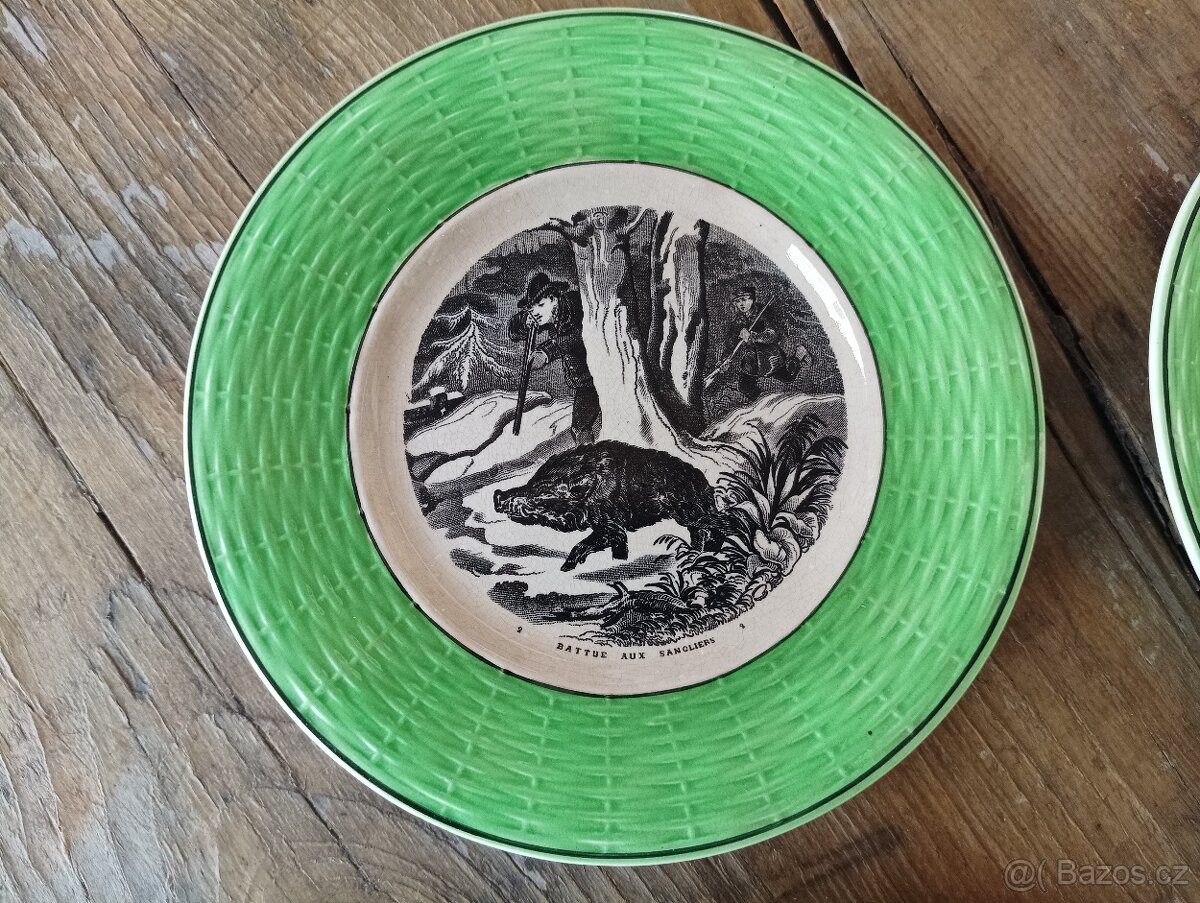 STAROŽITNÉ SARREGUEMINES DEZERTNÍ TALÍŘE 19.STOL. MYSLIVECKÉ - 7