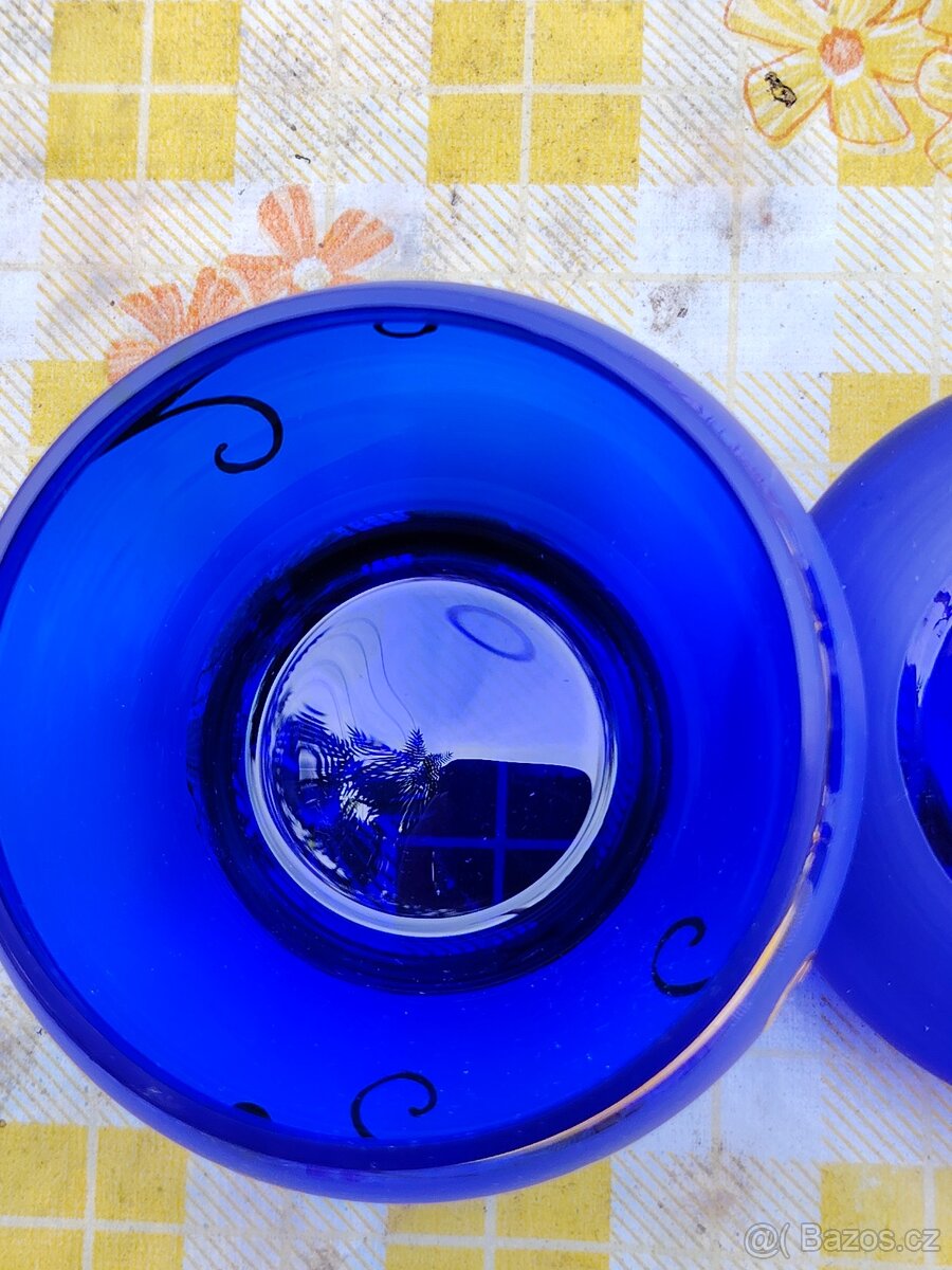 Skleněná modrá cukřenka se zlatým motivem - 7