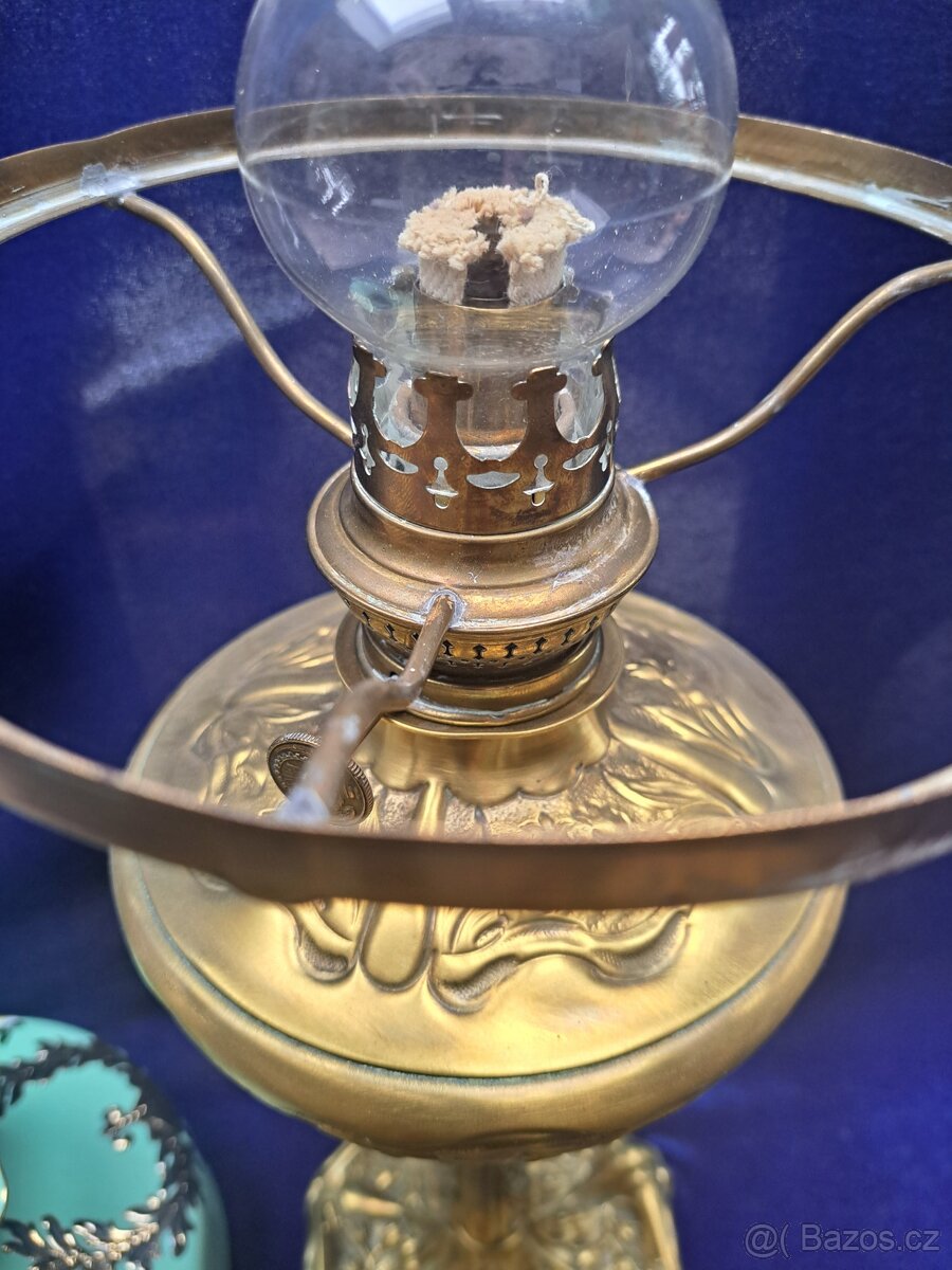 Secesní, petrolejová lampa z mosazi - 7