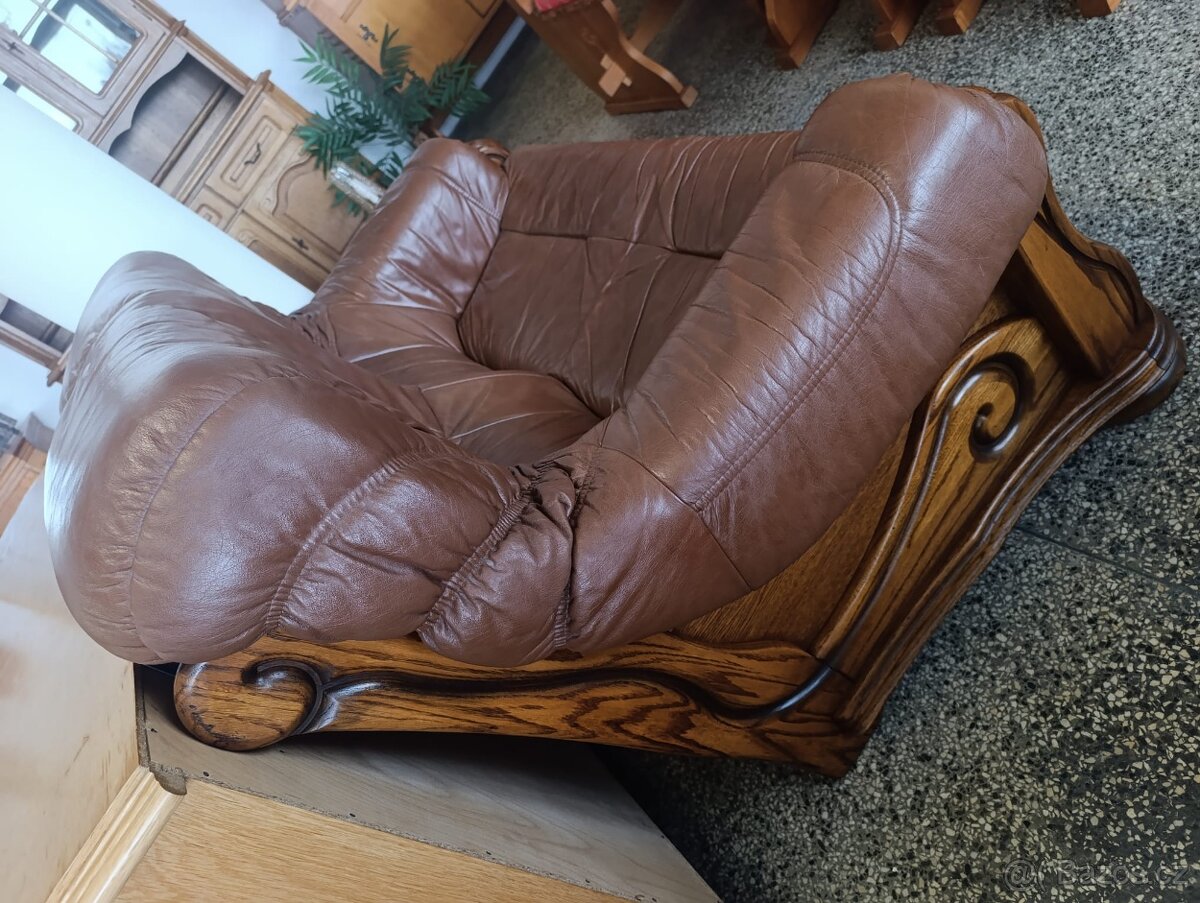Rustikální kožená sedačka, dvousedačka, masív - 7